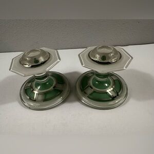 Vtg Art Deco Indiana Glass Moderne Crystal Candle Holders Green Platinum Trim